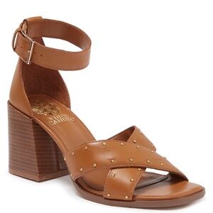 Vince Camuto Cognac Leather Studded Strappy Block Heel Sandals